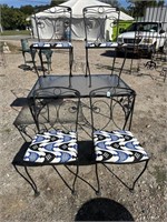 ROUGHT IRON GLASS TOP TABLE AND 4 CHAIRS