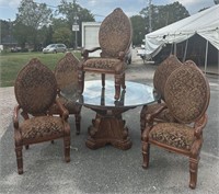 HEAVY CARVED GLASS TOP ROUND TABLE AND 5 CHAIRS