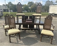 DREXEL MODERN CARVED TABLE AND SET OF 6 CANE BACK