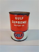 Gulf supreme motor oil can metal full.