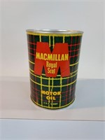 MacMillan motor oil can cardboard full.