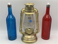 3 PC COLORED BOTTLE AND LANTERN LOT