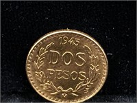 Dos Pesos Mexican gold coin 1945