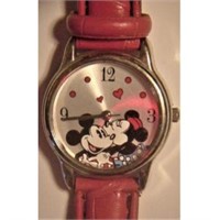 Vtg Mickey & Minnie Watch Red Band