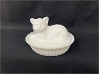 Westmoreland Milk Glass Cat on Nest Dish