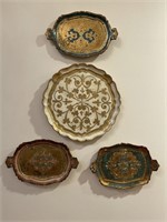 Four hand painted wooden decorative trays