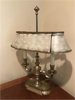 Brass table light with painted metal shade