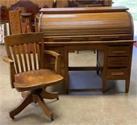 Oak roll top desk and chair 48” x 30” x 42”