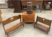 2 small benches, butter churn and chest