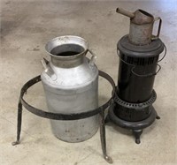 Kettle ring, milk can and kerosene heater, oil