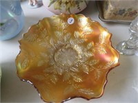 Marigold carnival glass bowl Holly leaf pattern