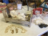 Antique Doll Bed with Composite Doll and Raggedy