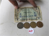 Military Currency Five Yen, 4 1950's Diez Centavos