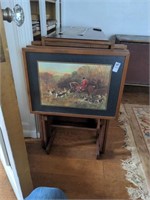 4 Fox hunting wood TV tables in holder