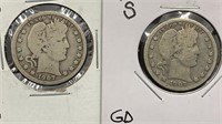 1907-D&S Silver Barber Quarters (2 coins)