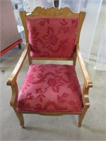 VTG ornate upholstery chair wooden on wheels