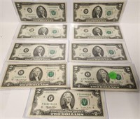 279 - LOT OF 9 $2 FEDERAL RESERVE NOTES (163)