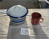 Blue & white enamel pan, red &white