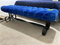 METAL AND BLUE PADDED, TUFTED BENCH APPROX 55 IN L