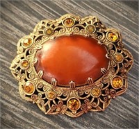VITG SIGNED W GERMANY AMBER COGNAC CABACHON BROOCH