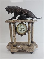 Antique French Marble & Bronze Lion Mantel Clock