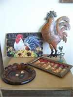 Metal Rooster Items and Wood Sign