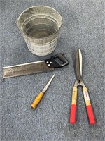 Small galvanized bucket & hand tools