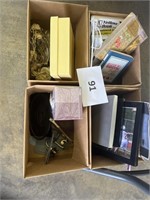 4 Misc box lots- brass butterfly- pictures- misc.