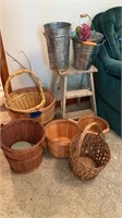 Rustic small wood step ladder, bushel baskets,