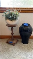 16” black vase & 15” plant stand, decorative