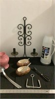Metal taper candle holder, baked potato relish