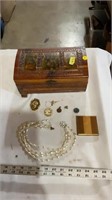 Vintage wooden carved box and various pieces of