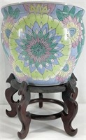 Large Chinese Floral Planter w/ Wooden Stand