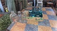 Blue glass jars, milk glasses