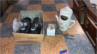 Rubber boots size 8, coffee maker, match holder