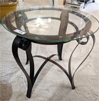 PAIR OF GLASS TOP METAL BASE ROUND END TABLES