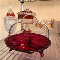 CRANBERRY TO CLEAR AND RUBY COMPOTES, COIN GLASS