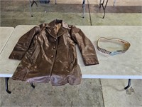Vintage Leather Coat, Tooled Leather Belt
