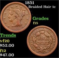 1851 Braided Hair Large Cent 1c Grades f+