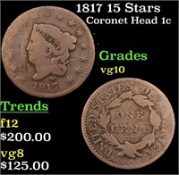 1817 15 Stars Coronet Head Large Cent 1c Grades vg