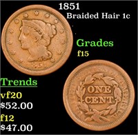 1851 Braided Hair Large Cent 1c Grades f+