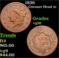 1836 Coronet Head Large Cent 1c Grades vg+
