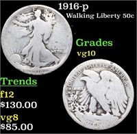 1916-p Walking Liberty Half Dollar 50c Grades vg+
