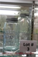 (2) Blue Glass Mason Canning Jars: