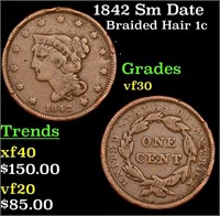 1842 Sm Date Braided Hair Large Cent 1c Grades vf+