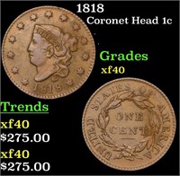 1818 Coronet Head Large Cent 1c Grades xf