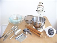 Kitchen Aid Mixer w/Attachments, Bowls, Utensils
