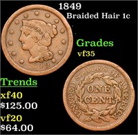 1849 Braided Hair Large Cent 1c Grades vf++