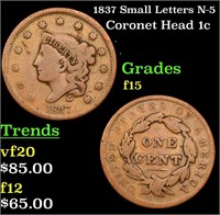 1837 Small Letters Coronet Head Large Cent N-5 1c
