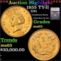 ***Auction Highlight*** 1855 Gold Dollar $1 TY-II